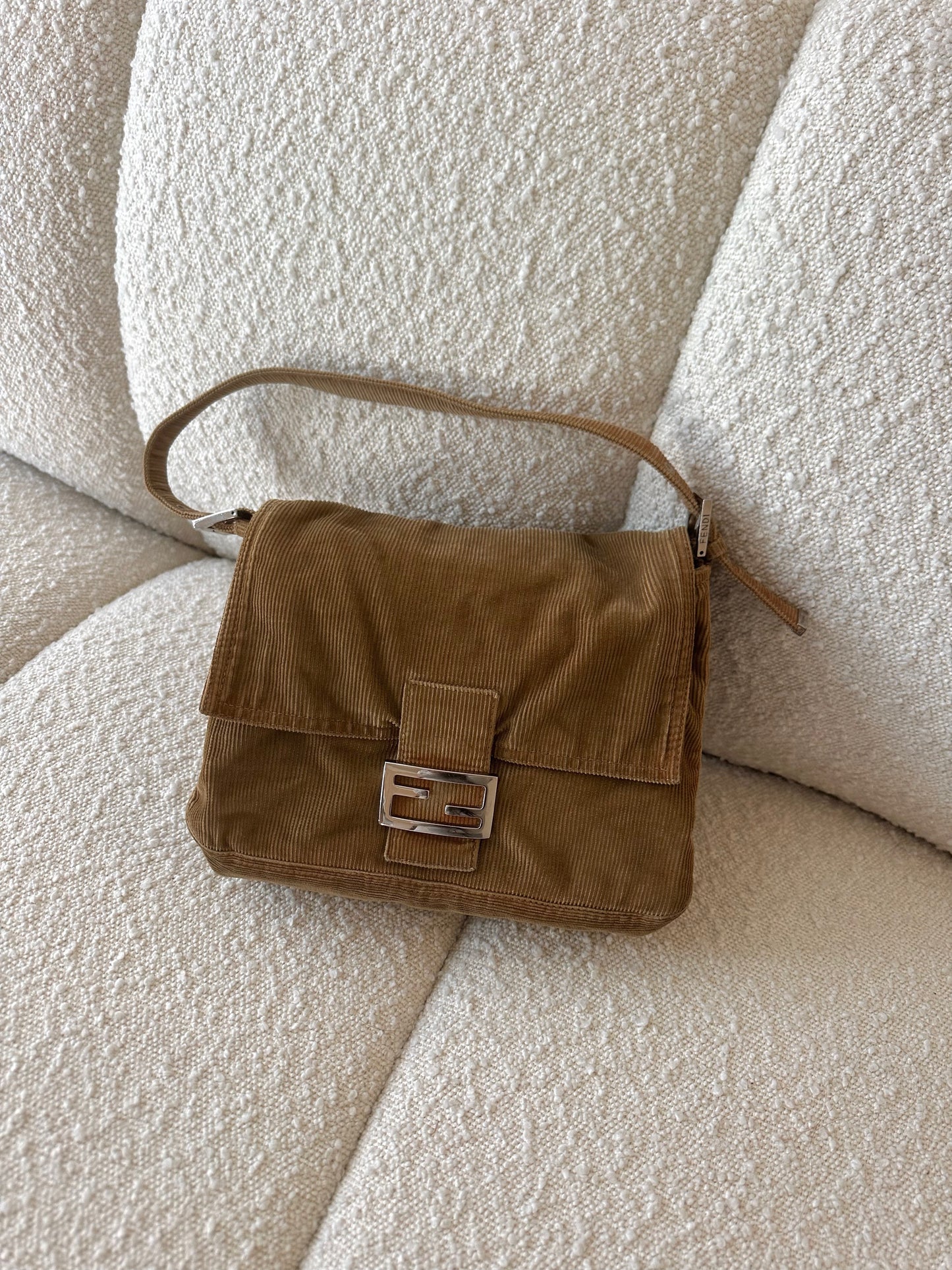 FENDI BEIGE MAMMA BAGUETTE CORDUROY BAG