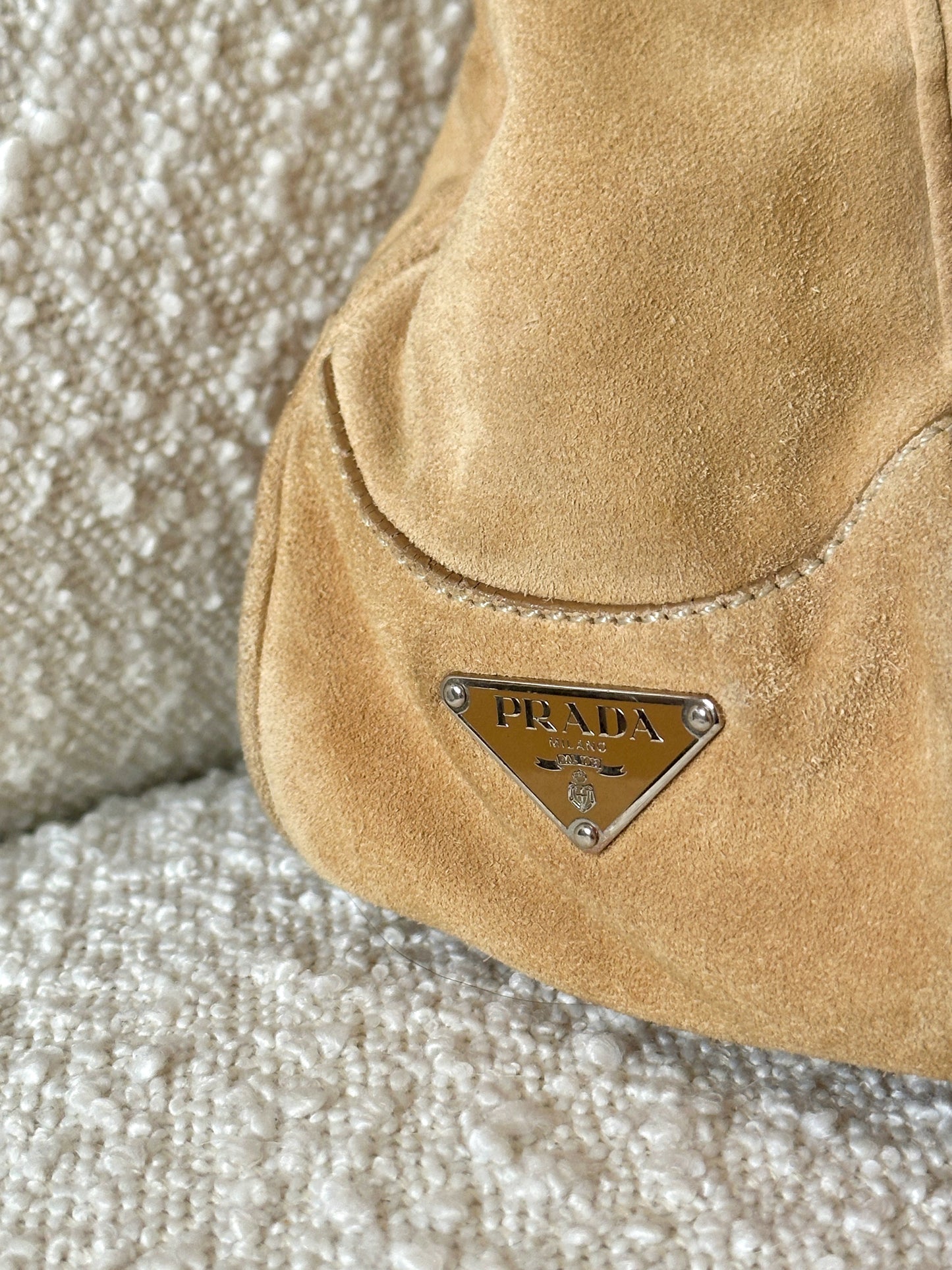 PRADA TAN SUEDE HALF MOON SHOULDER BAG