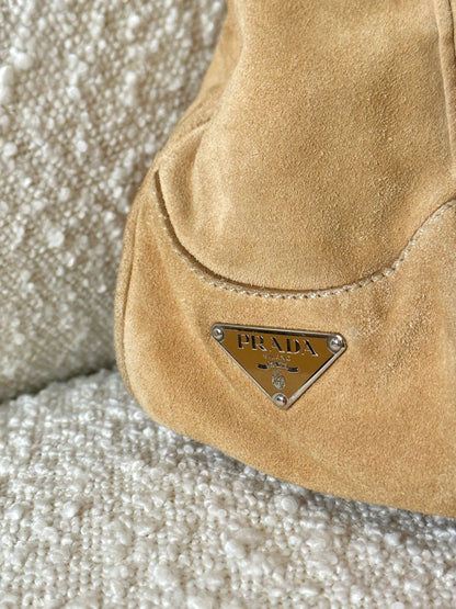 PRADA TAN SUEDE HALF MOON SHOULDER BAG
