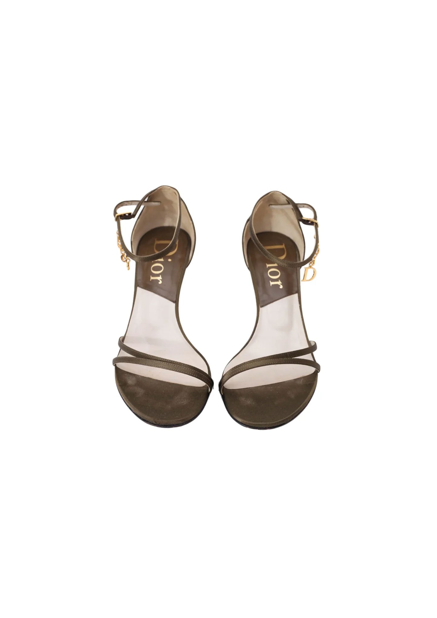 DIOR KHAKI SATIN GOLD BUCKLE LOGO KITTEN HEELS