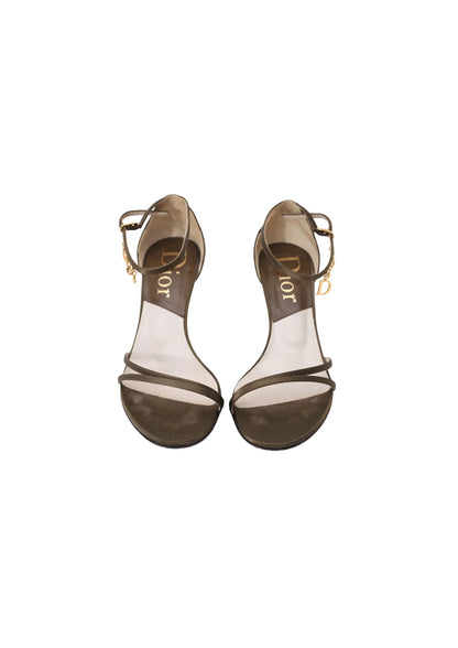 DIOR KHAKI SATIN GOLD BUCKLE LOGO KITTEN HEELS