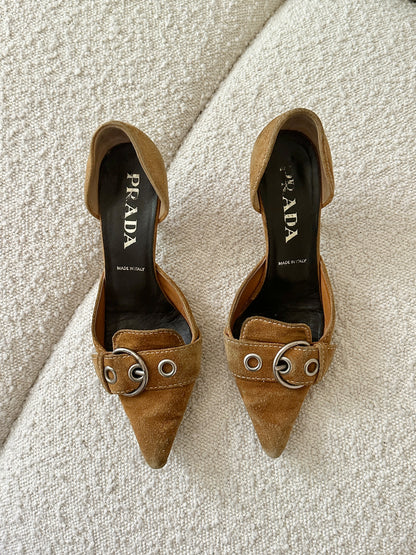 PRADA COGNAC SUEDE BUCKLE KITTEN HEELS