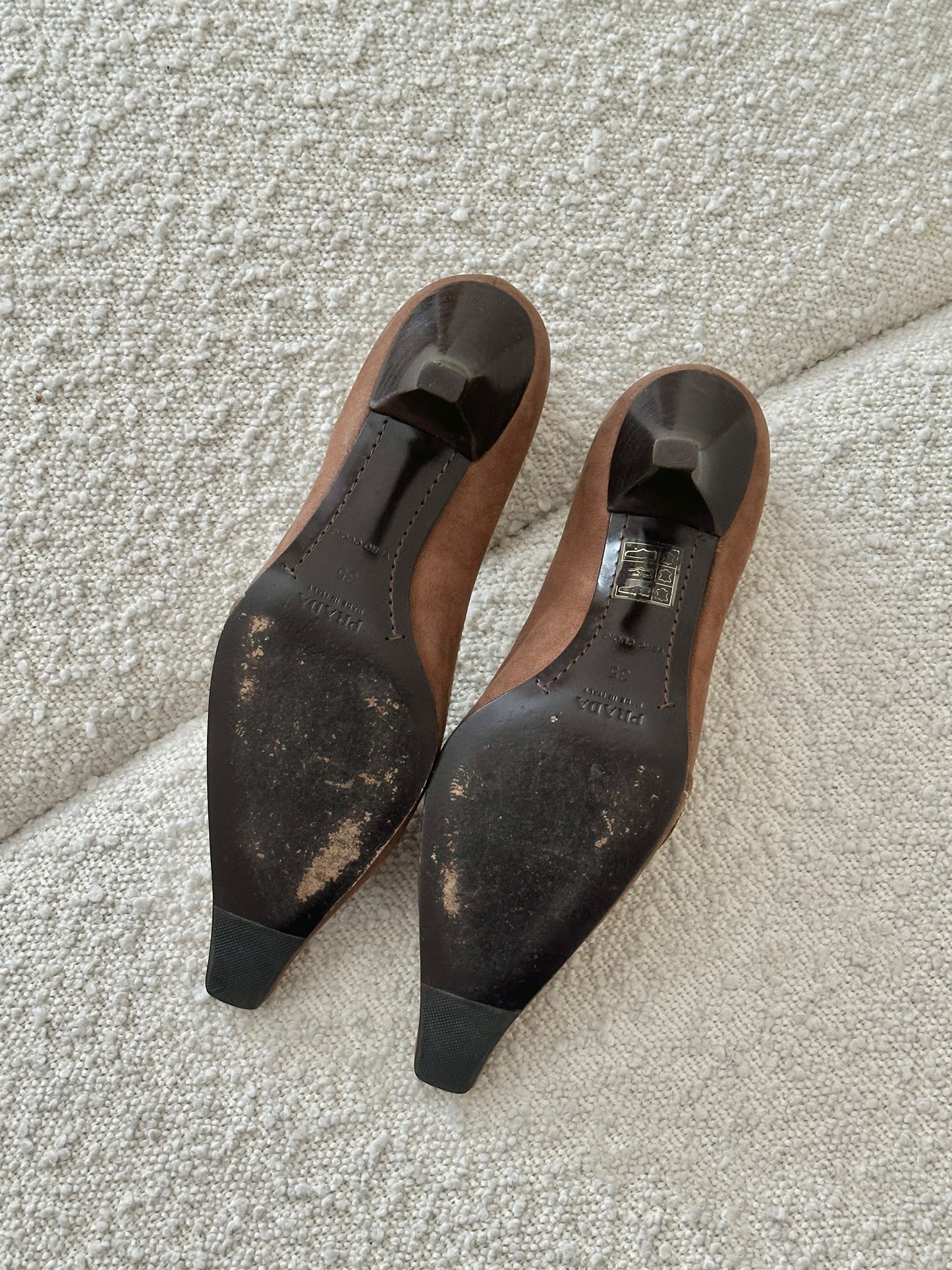 PRADA CHOCOLATE SUEDE ROSE HEELS