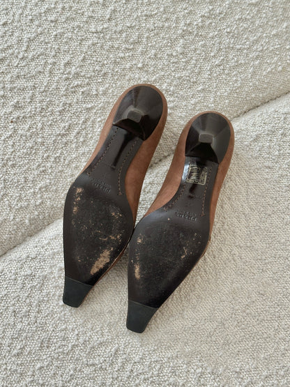 PRADA CHOCOLATE SUEDE ROSE HEELS