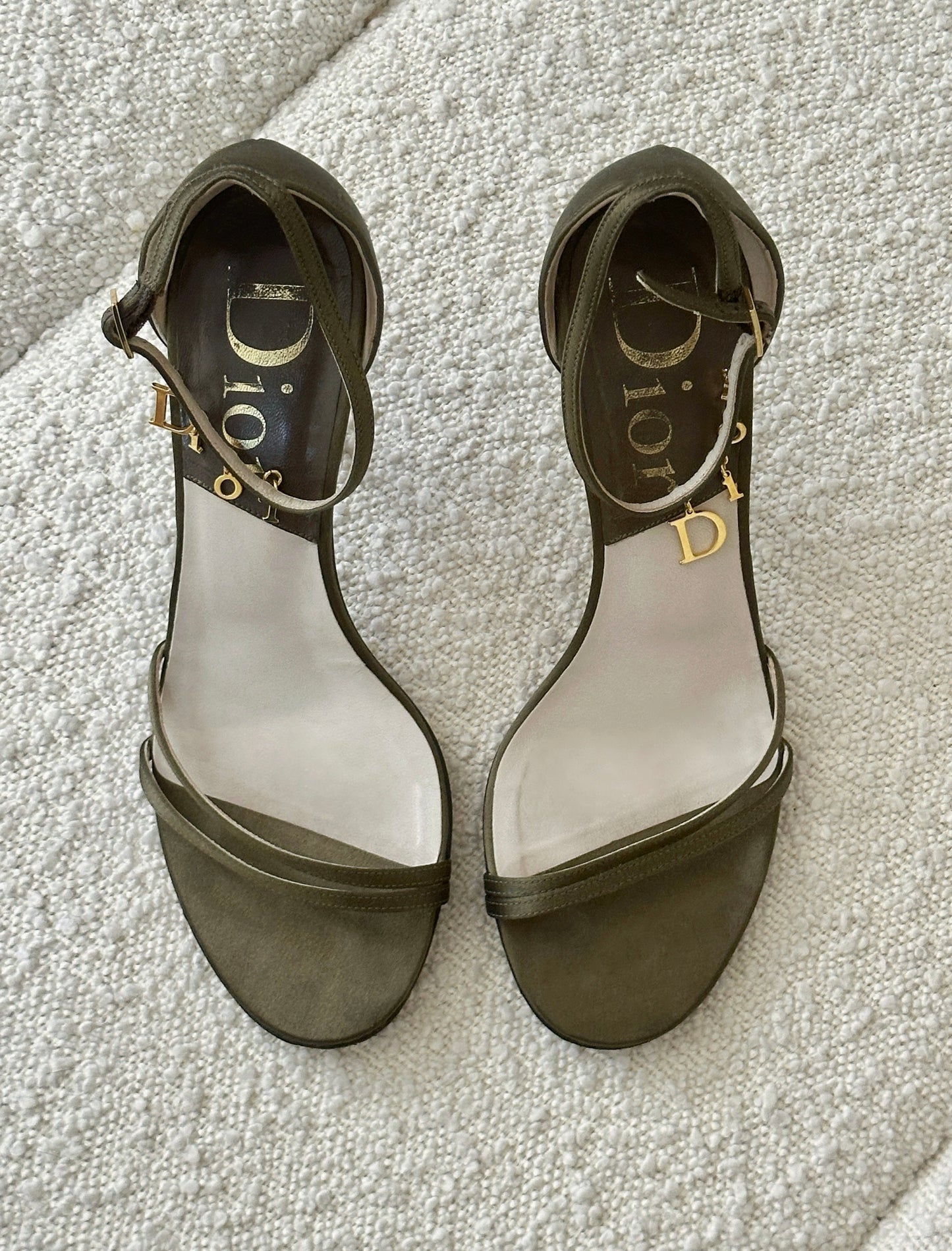 DIOR KHAKI SATIN GOLD BUCKLE LOGO KITTEN HEELS