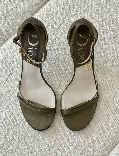 DIOR KHAKI SATIN GOLD BUCKLE LOGO KITTEN HEELS