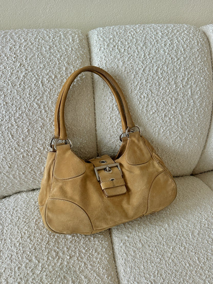 PRADA TAN SUEDE HALF MOON SHOULDER BAG