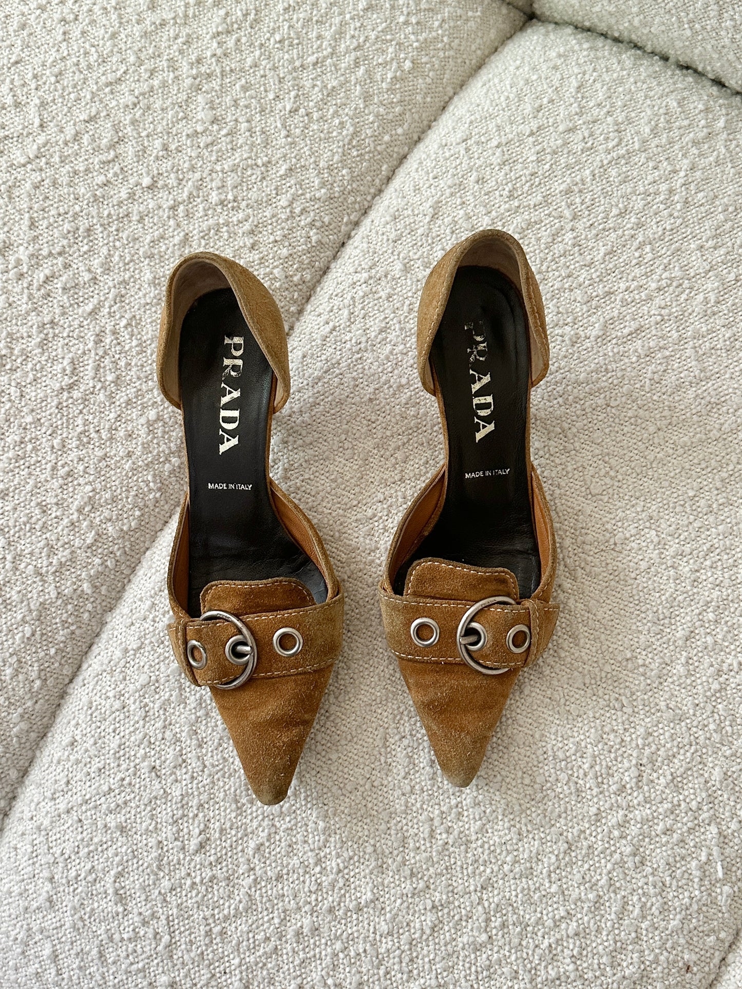 PRADA COGNAC SUEDE BUCKLE KITTEN HEELS