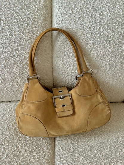 PRADA TAN SUEDE HALF MOON SHOULDER BAG