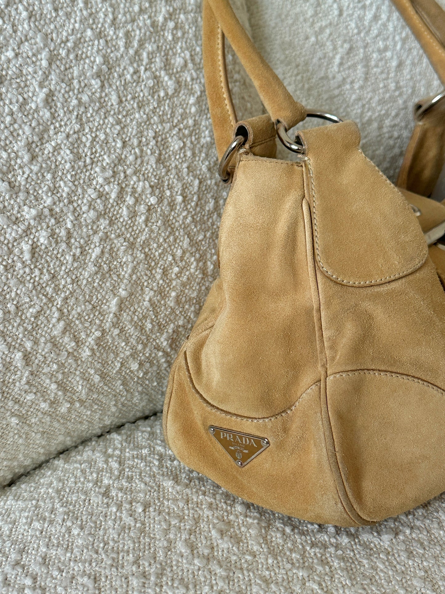 PRADA TAN SUEDE HALF MOON SHOULDER BAG