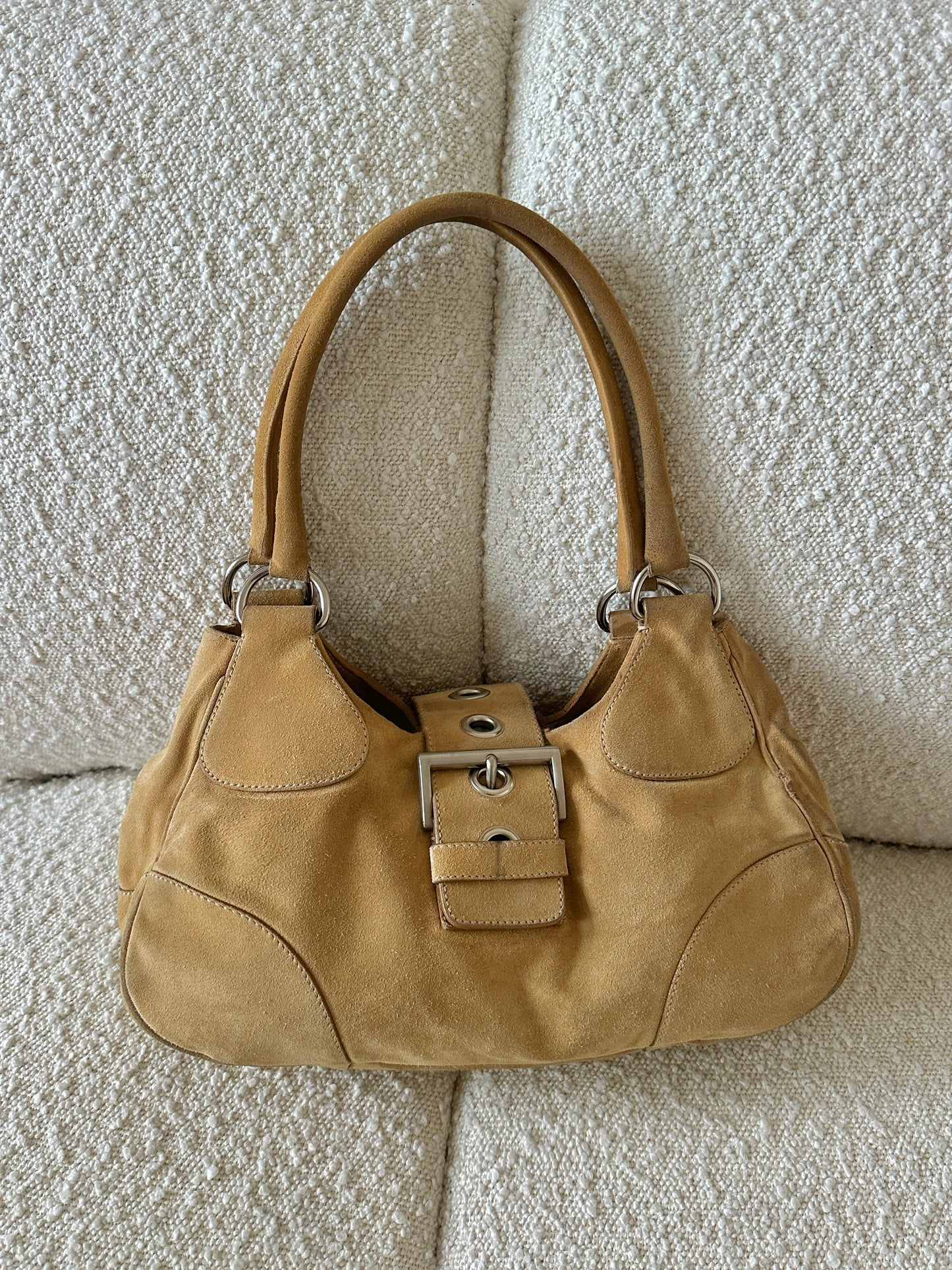 PRADA TAN SUEDE HALF MOON SHOULDER BAG