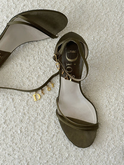 DIOR KHAKI SATIN GOLD BUCKLE LOGO KITTEN HEELS