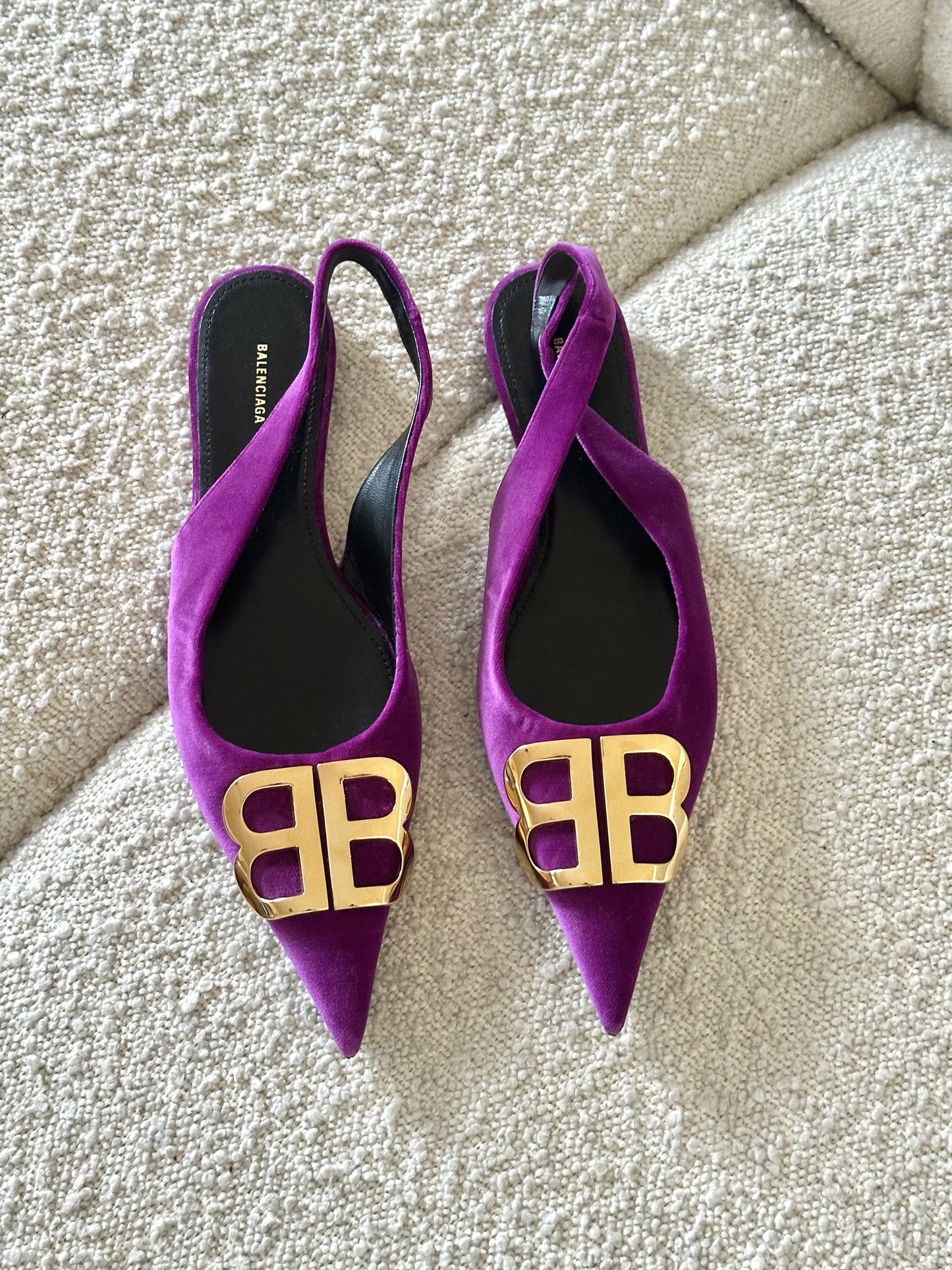 BALENCIAGA BB KNIFE VELVET SLINGBACK FLATS