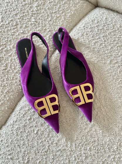 BALENCIAGA BB KNIFE VELVET SLINGBACK FLATS
