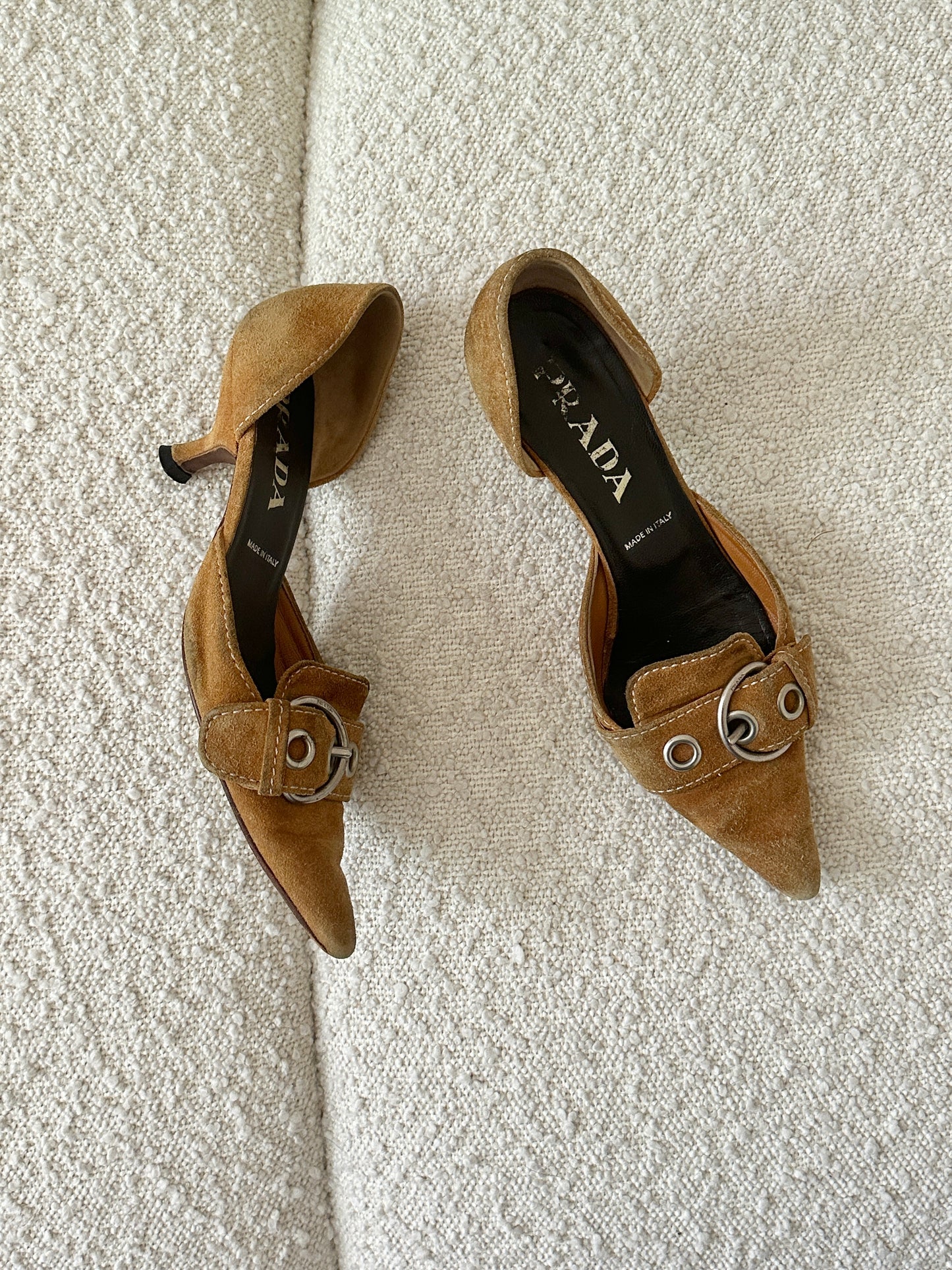 PRADA COGNAC SUEDE BUCKLE KITTEN HEELS