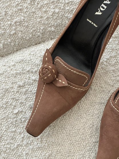 PRADA CHOCOLATE SUEDE ROSE HEELS