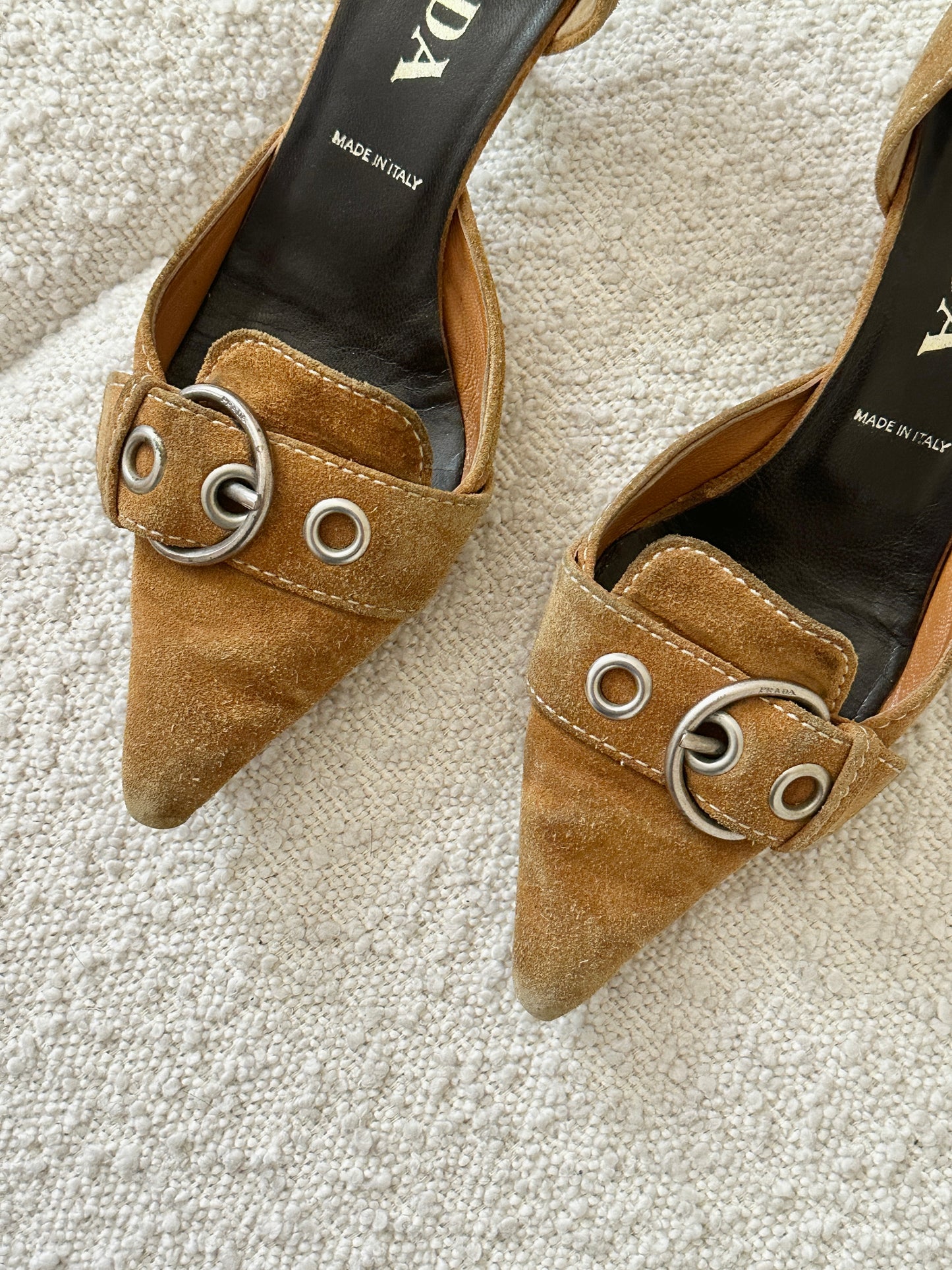 PRADA COGNAC SUEDE BUCKLE KITTEN HEELS