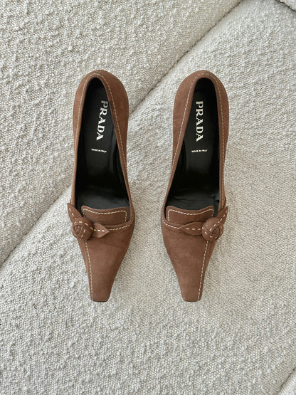 PRADA CHOCOLATE SUEDE ROSE HEELS