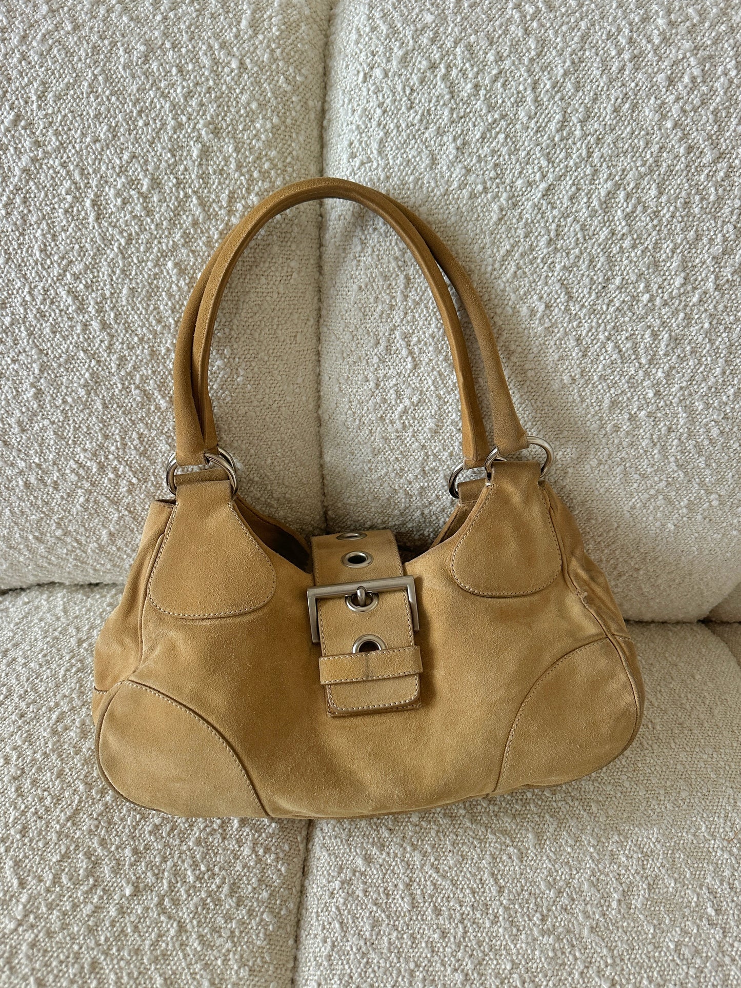 PRADA TAN SUEDE HALF MOON SHOULDER BAG