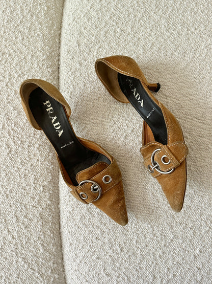 PRADA COGNAC SUEDE BUCKLE KITTEN HEELS