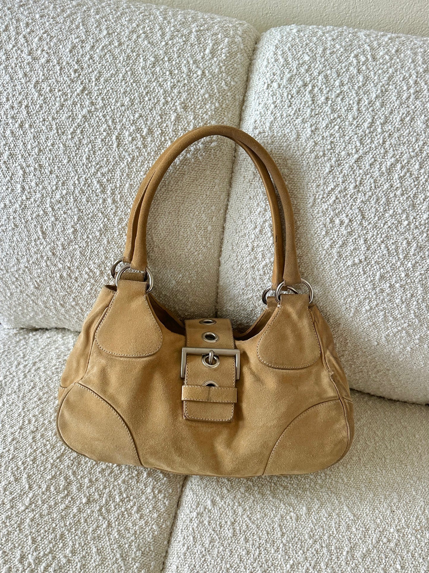 PRADA TAN SUEDE HALF MOON SHOULDER BAG