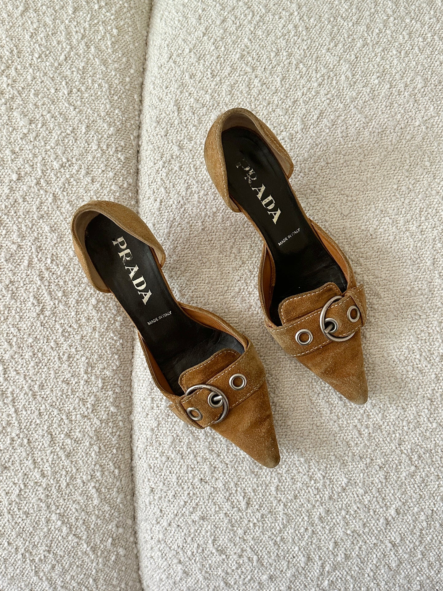 PRADA COGNAC SUEDE BUCKLE KITTEN HEELS