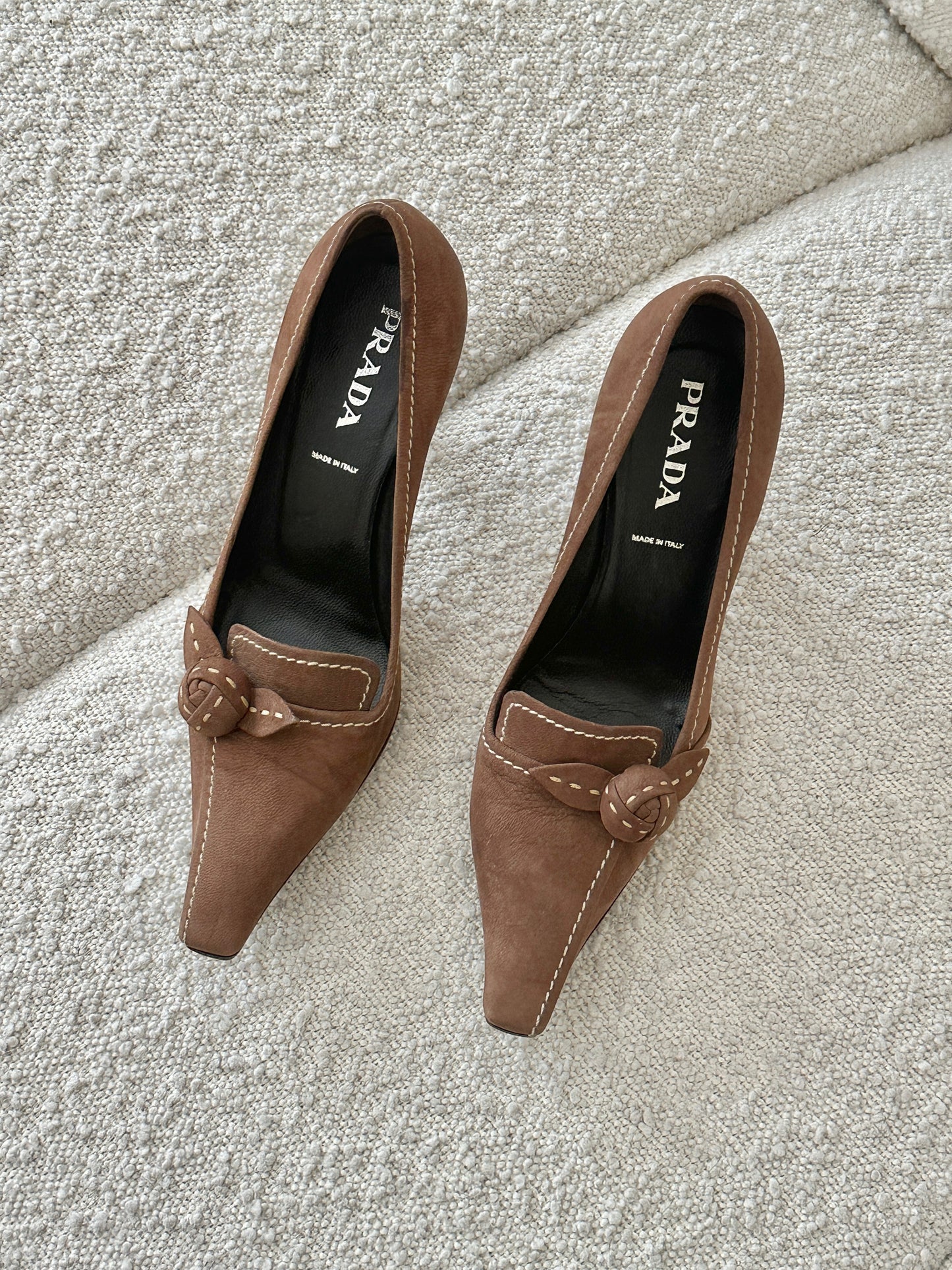 PRADA CHOCOLATE SUEDE ROSE HEELS