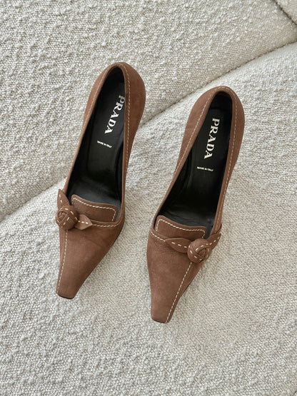 PRADA CHOCOLATE SUEDE ROSE HEELS
