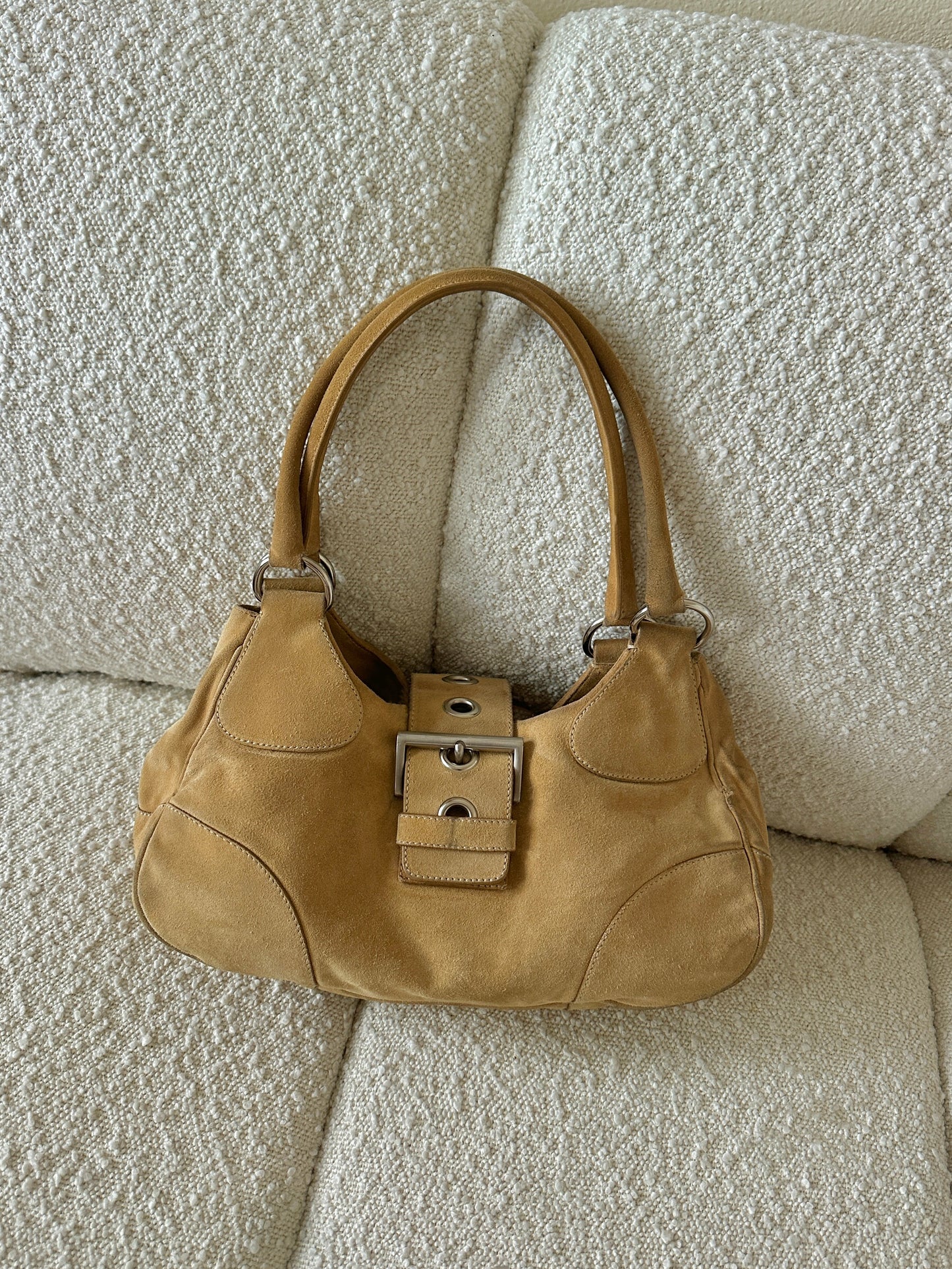 PRADA TAN SUEDE HALF MOON SHOULDER BAG
