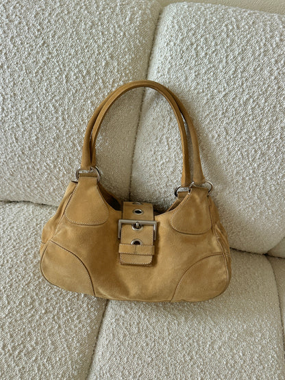 PRADA TAN SUEDE HALF MOON SHOULDER BAG