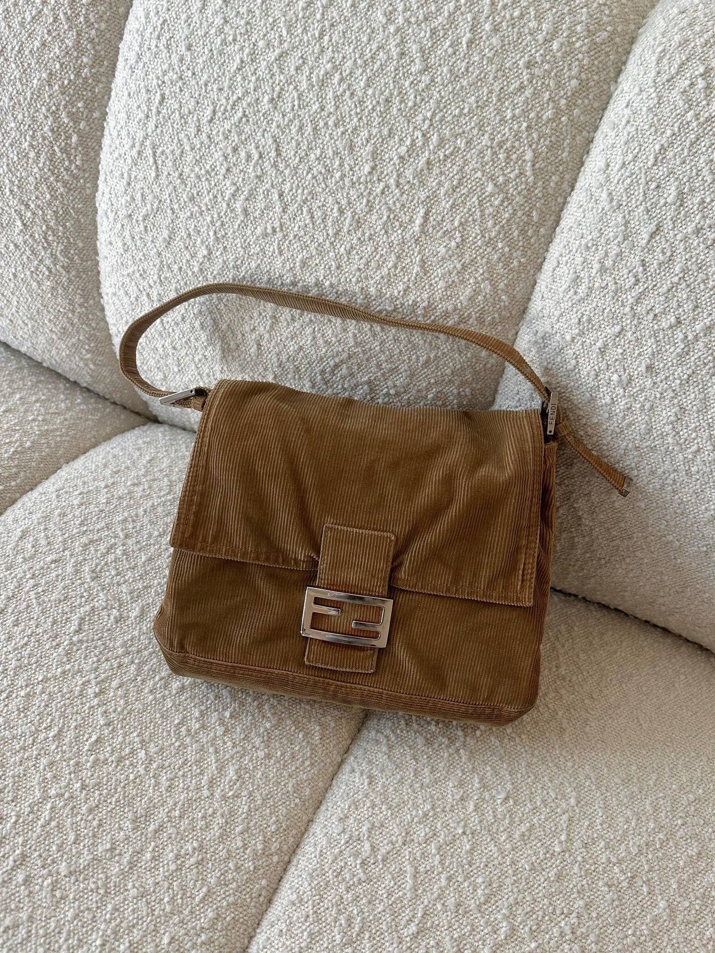 FENDI BEIGE MAMMA BAGUETTE CORDUROY BAG