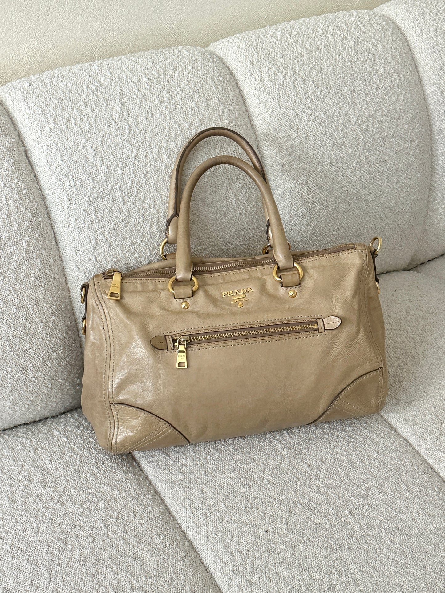 PRADA BEIGE VITELLO LEATHER TOTE BAG