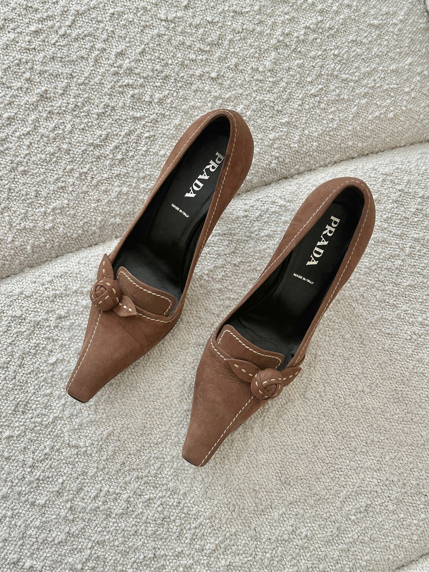 PRADA CHOCOLATE SUEDE ROSE HEELS
