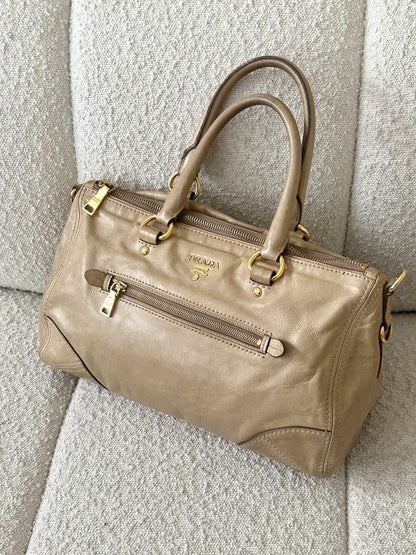 PRADA BEIGE VITELLO LEATHER TOTE BAG