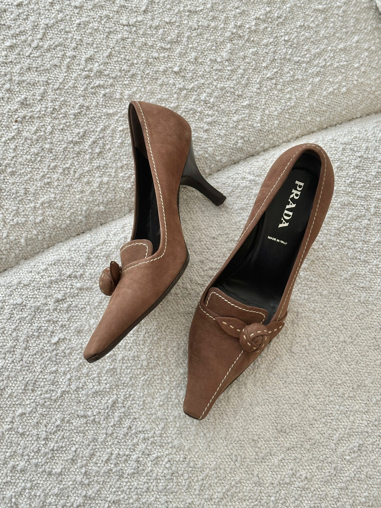 PRADA CHOCOLATE SUEDE ROSE HEELS
