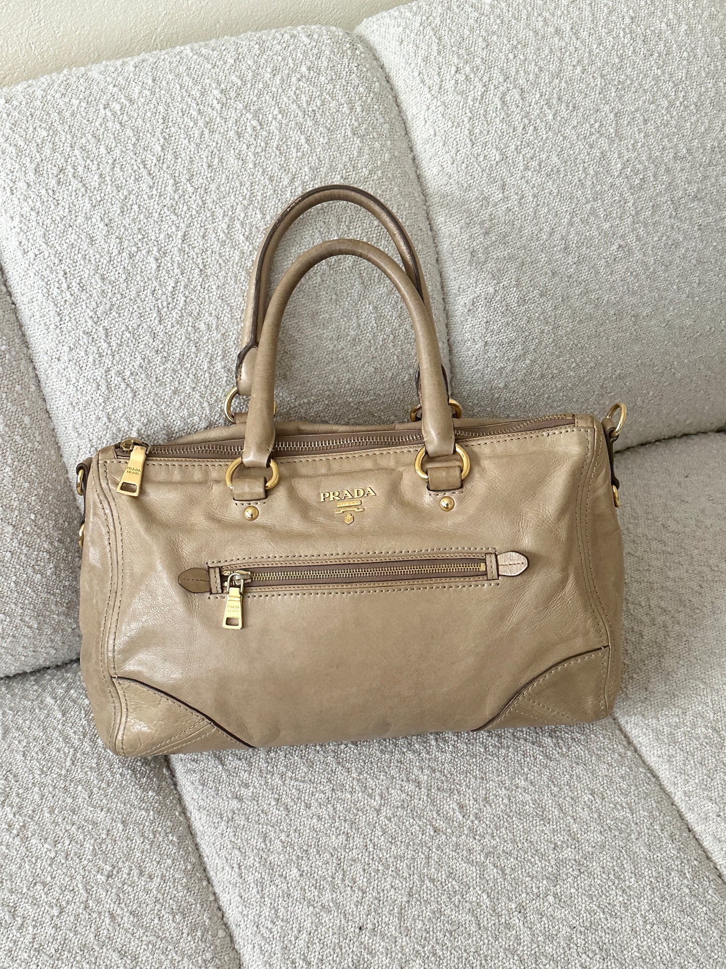 PRADA BEIGE VITELLO LEATHER TOTE BAG