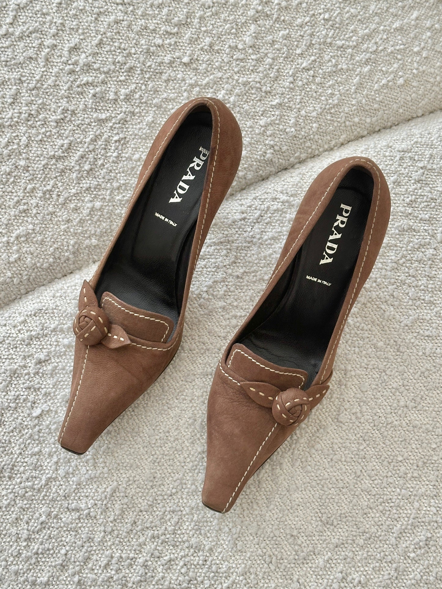 PRADA CHOCOLATE SUEDE ROSE HEELS