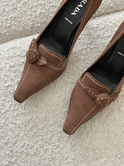 PRADA CHOCOLATE SUEDE ROSE HEELS