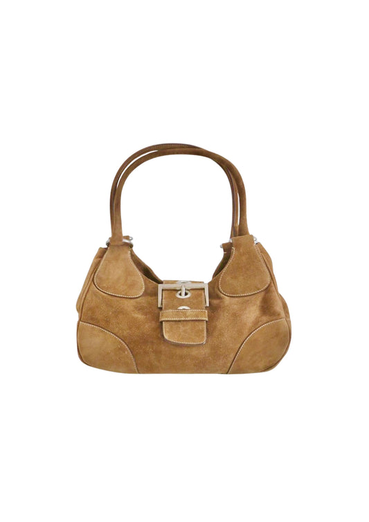 PRADA TAN SUEDE HALF MOON SHOULDER BAG