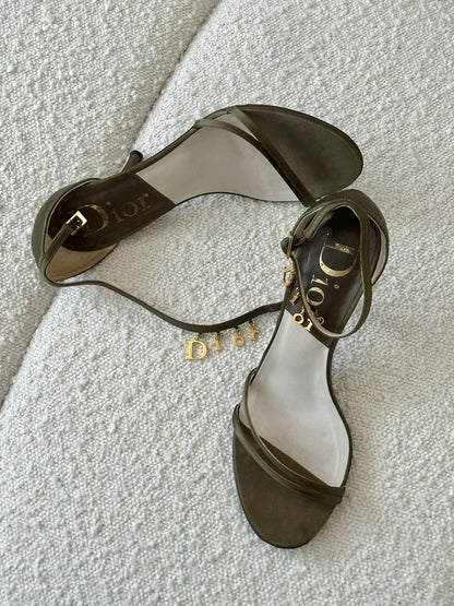 DIOR KHAKI SATIN GOLD BUCKLE LOGO KITTEN HEELS