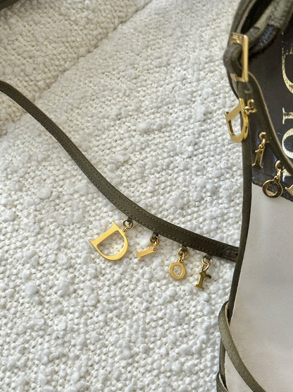 DIOR KHAKI SATIN GOLD BUCKLE LOGO KITTEN HEELS