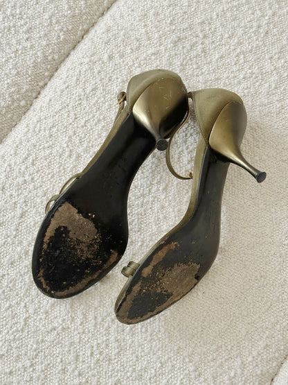 DIOR KHAKI SATIN GOLD BUCKLE LOGO KITTEN HEELS
