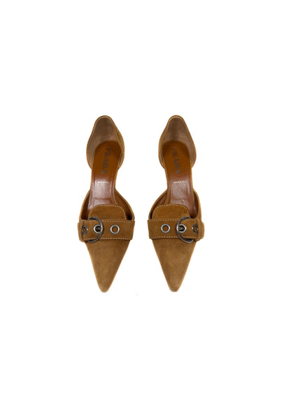 PRADA COGNAC SUEDE BUCKLE KITTEN HEELS