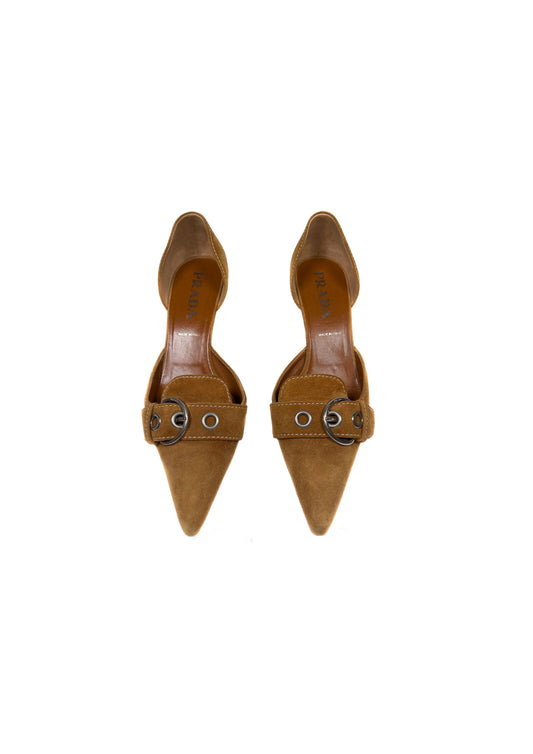 PRADA COGNAC SUEDE BUCKLE KITTEN HEELS